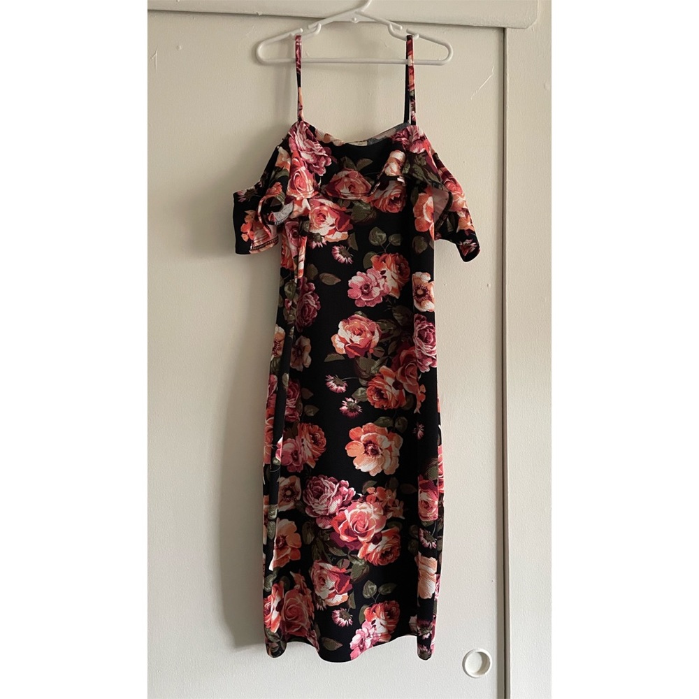 Brandy Blu black pink floral off the shoulder dress